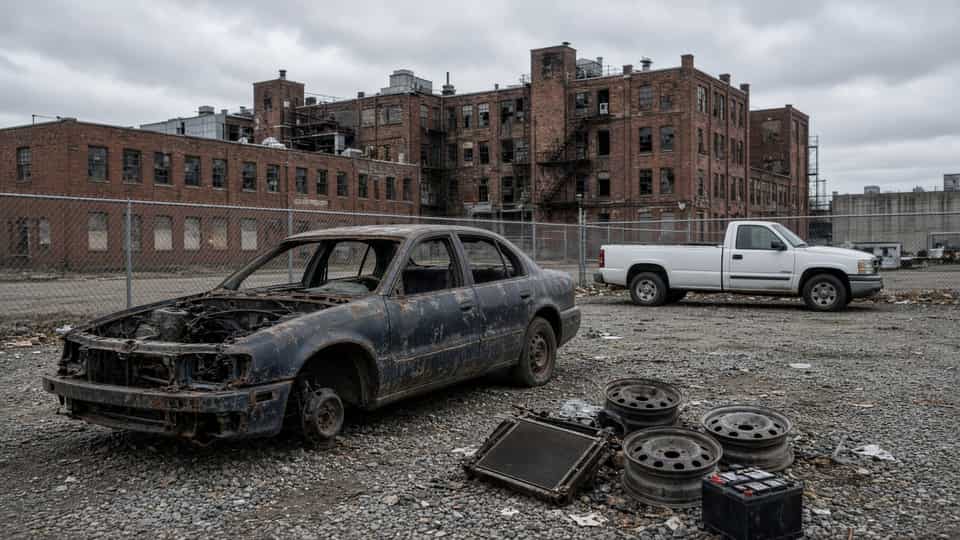 A stripped sedan, a radiator, steel wheels, and a battery on gravel in front of a brick factory, with a white pickup nearby.