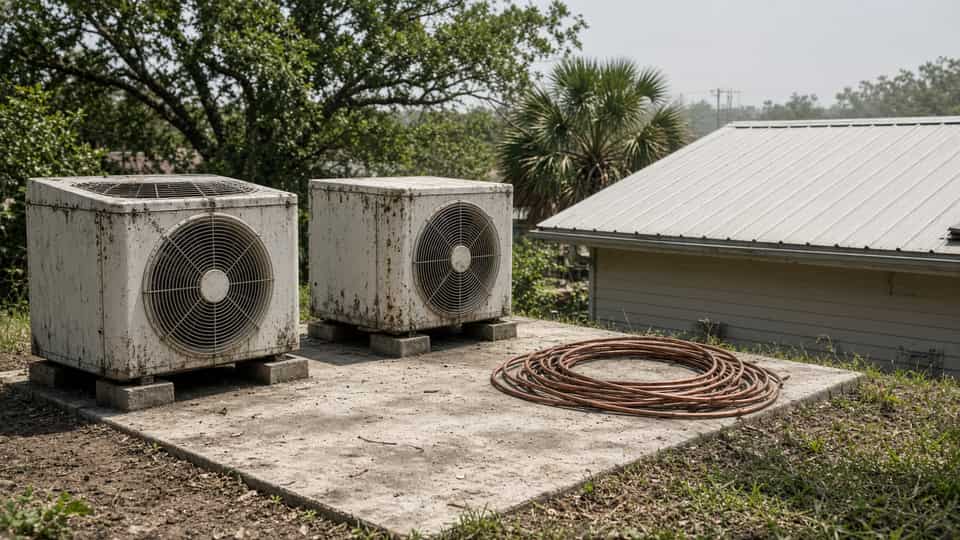 Two weathered air conditioner condensers and a coil of copper pipe on a concrete pad beside a metal-roof house.