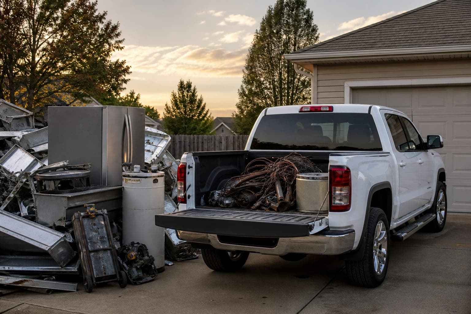 A white pickup truck with its tailgate down in a suburban driveway next to a pile of scrap, including a refrigerator, water heater, and metal siding.