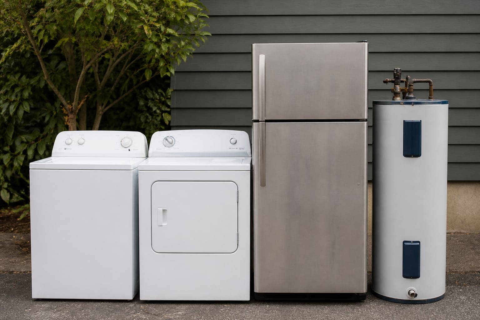 A washer, dryer, refrigerator, and water heater lined up outside a house.