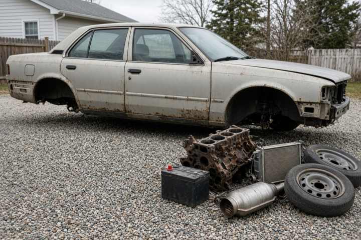 An old stripped car on gravel beside an engine, wheels, a radiator, and other auto parts.