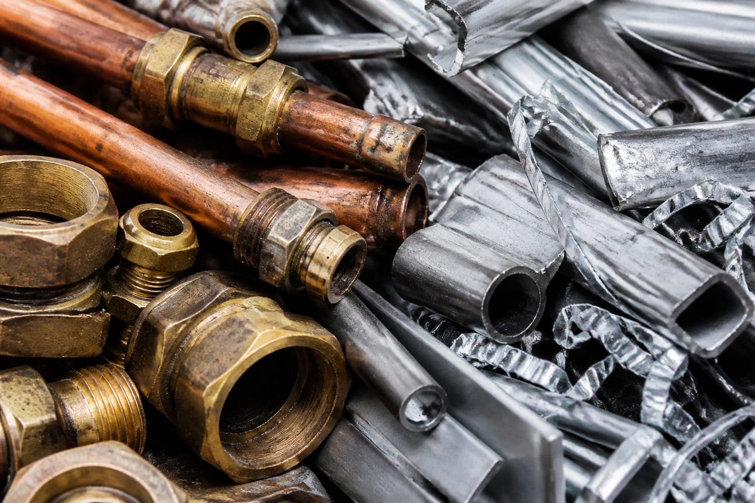 Close-up of scrap copper pipe, brass fittings, and aluminum tubing with metal shavings.